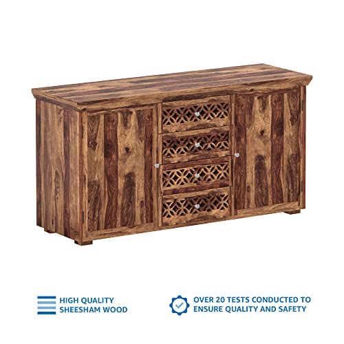 Image of SHIKHA WOOD CRAFT Solid Sheesham Wood Sideboard Cabinet with 2 Doors & 4 Drawers Storage | Wooden Kitchen Cabinet, Crockery Unit, Dining Room Organizer, Living Room Storage Furniture (Natural Finish)
