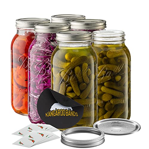 KANGAROOBANDS Ball Wide Mouth Canning Jars Kit | 64 oz Wide Mouth Mason Jars and Lids (6-Jars)| Bundle Includes Ball Canning Jars, Jar Opener, Labels | Canning, Fermenting, Pickling, or DIY Decors