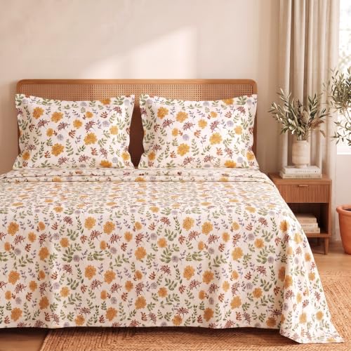 Image of BSB HOME 240 TC Cotton Double Bedsheet with 2 Pillow Covers, Soft & Breathable Floral Print Bed Sheet, Fade Resistant, Easy Care Bedding Set, 90 x 100 Inches (228 x 254 cm) - Ochre & Rust Botanical