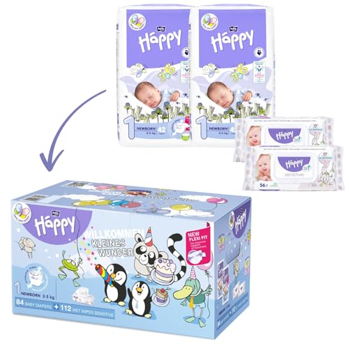 bella baby Happy Windeln comfort Größe 1 Newborn 2-5 kg | Geschenk zur Geburt | 84 Windeln + 2er Pack Feuchttücher Sensitive | Babyerstaustattung