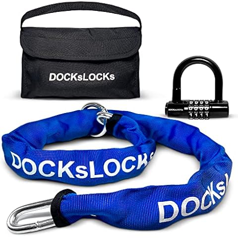 DocksLocks 8mm Security Chain Lock Set (3', 6' or 10') Heavy Duty, Cinch Style, Weatherproof, Hardened Carbon Steel, Includes Compact U-Lock 10ft Cover