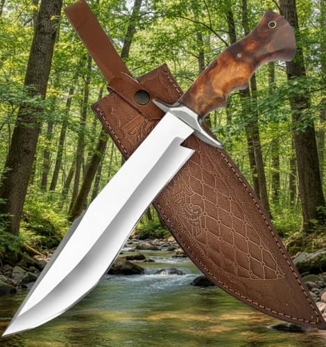 OCEAN KNIVES Handmade D2 Steel 14 Inch Bowie Knife with leather sheath - Survival Hunting knife with steel Guard, Rosewood Handle Ideal for Camping Bushcrafting Hunting & outdoor use