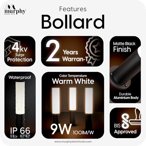 Image of Murphy Premium 9W LED Bollard Light Warm White | Outdoor Waterproof IP65 Rustproof Garden & Pathway Light (1.5 Ft) with 2 Year Warranty | Pack of 1