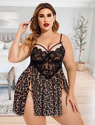 Image of Avidlove Plus Size Lingerie Lace Babydoll Womens Strap Chemise Nightgown V Neck Nighty Mesh Sleepwear Side Slit Nightdress