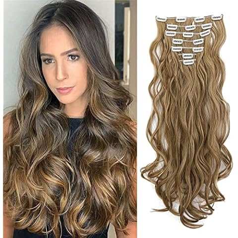 Gairyan 20inch Curly Hair Extensions Clip in Long Hair Extension Highlight 7PCS Full Head Synthetic Wavy Hairpiece for Women (Light Blonde & Ash Brown) Cover