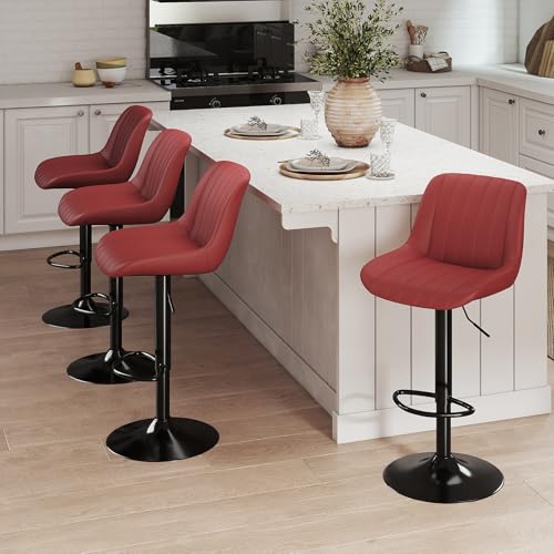 Image of Youhauchair Adjustable Faux Leather Bar Stools Set of 2, Red | Swivel, Counter Height, Back & Footrest, Armless, PU, Modern, Kitchen Island Stool, Upholstered Dining Room Chair