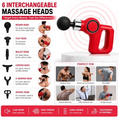 Image of Muscle Drago Massage Gun for Pain Relief & Muscle Recovery | Deep Tissue Percussion Massager with 6 Massage Heads, USB Rechargeable, Quiet Motor, Portable Handheld Body Massager for Neck, Back, Shoulder & Legs