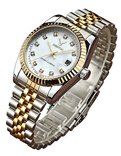 USWATCH Fashion Luxury Stainless Steel Calendar Diamond Luminous Waterproof Sports Women Or Men Quartz Watch (Silver Go;d White)
