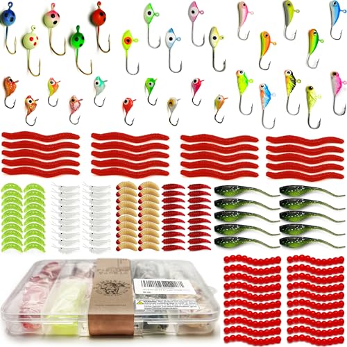 VMSIXVM Ice Fishing Jigs Lures, 180, 170, 160Pcs Glow Micro Winter Jig Heads Hooks Soft Plastic Worm...