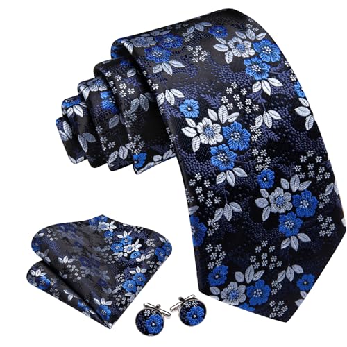 Image of Barry.Wang Flower Ties for Men Silk Woven Floral Tie Sets Necktie Handkerchief Cufflinks Wedding Party