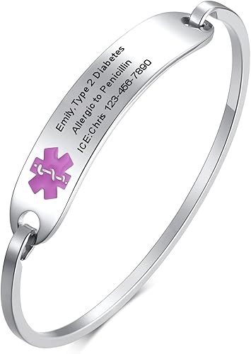 VNOX Pulsera de identificación de alerta médica de acero inoxidable con grabado personalizado gratis disponible en Yaxa Peru