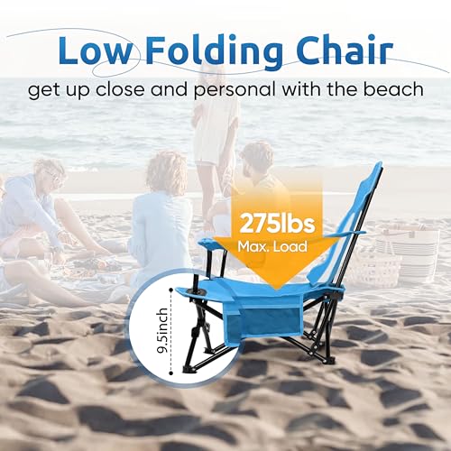 Image of HaSteeL Folding Beach Chair, Foldable Blue Camping Chairs for Outside, Low Beach Chair Portable for Adults Fishing, Picnic, Outdoor BBQ, Travel, Sports, Cup Holder & Storage Bag
