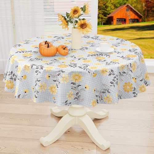 misaya Round Waterproof Vinyl Table Cloth, Wipeable Tablecloth with Flannel Backing, Plastic Table Cover for Dinner, Picnic, Indoor and Outdoor (Yellow Flowers, 60")