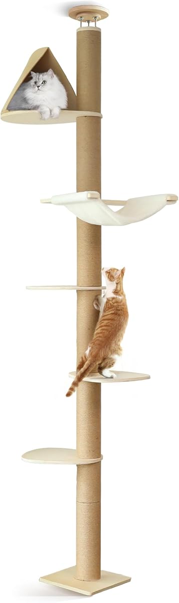 FUKUMARU Floor to Ceiling Cat Tree, 6 Level Adjustable Height (6-10 ft) Climbing Tower with Thickened Scratching Posts, Cats Activity Center with Cozy Hammock - Beige