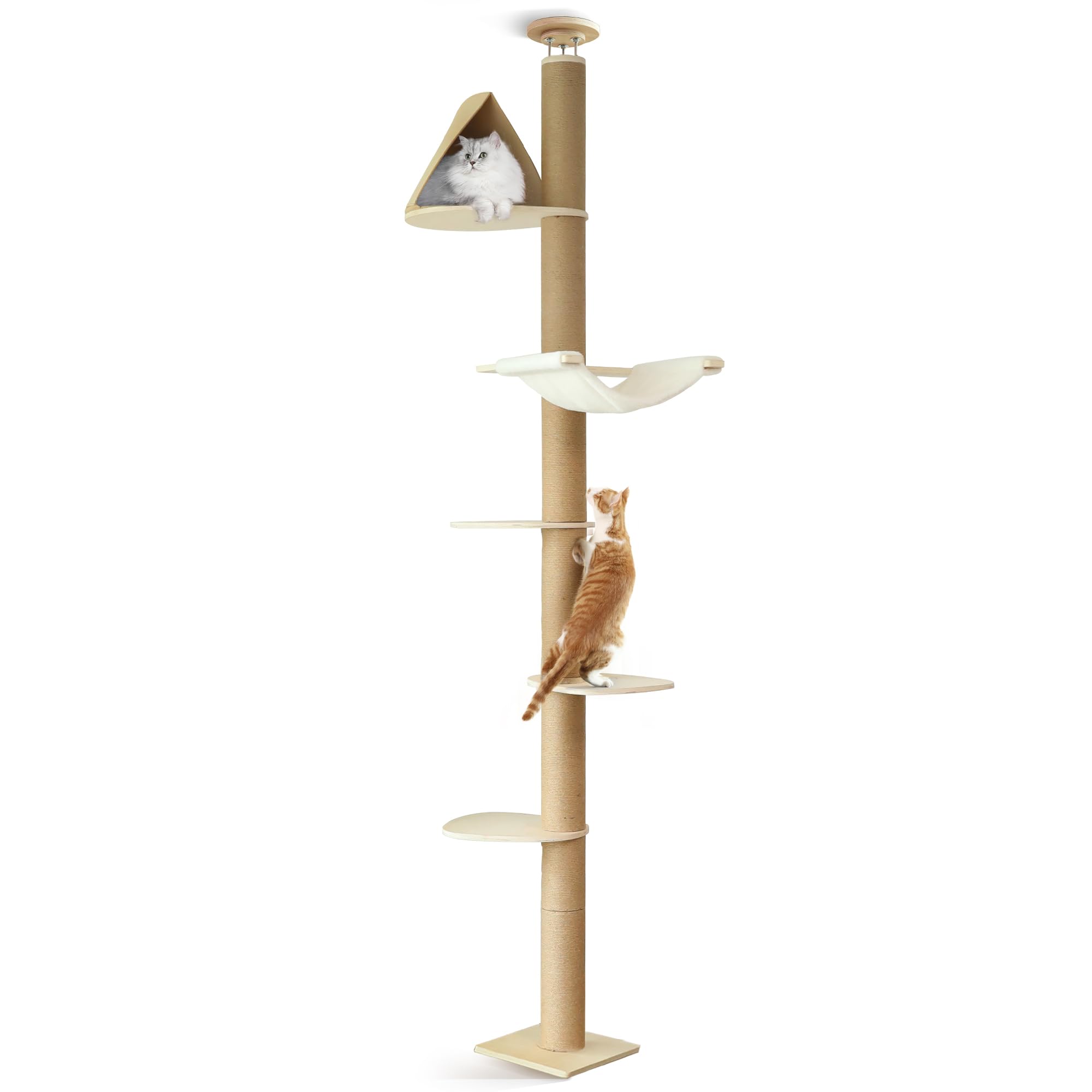 FUKUMARU Floor to Ceiling Cat Tree, 6 Level Adjustable Height (6-10 ft) Climbing Tower with Thickened Scratching Posts, Cats Activity Center with Cozy Hammock - Beige
