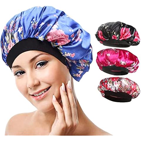 4 Pack Soft Satin Sleeping Cap Wide Band Salon Bonnet Silk Night Sleep Hat Hair Loss Cap for Women, 4 Styles Cover
