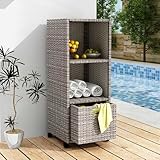 Lovinouse Outdoor Towel Storage Cabinet,Pool Towel Organizer with Shelves & a Drawer,Waterproof Wicker Towel Holder with Rolling Wheels for Outside,Patio,Garden,Poolside,Backyard, Porch,Gray