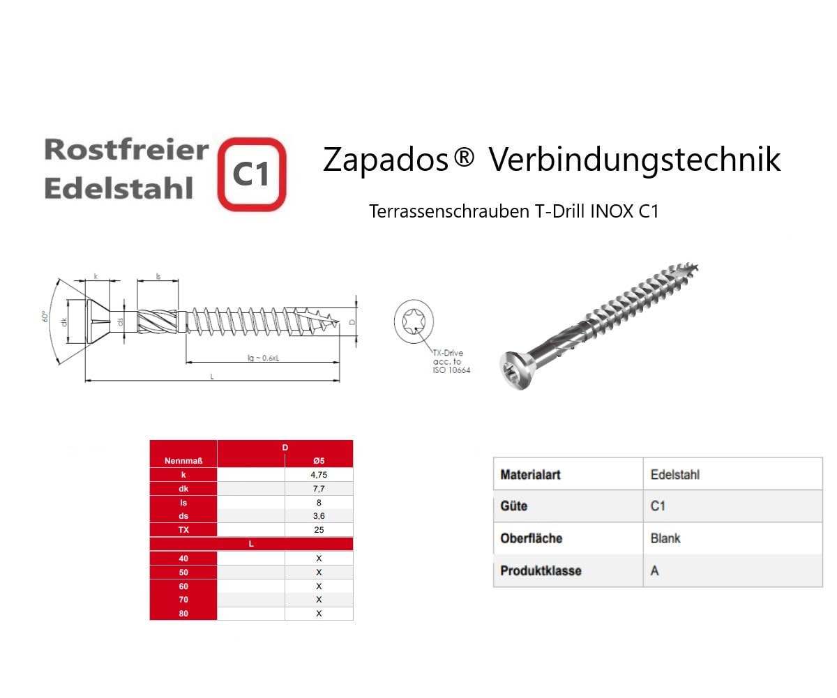 Terrassenschrauben T-Dril INOX C1 Edelstahl C1 Torx 5 x 40-80 mm Terassenschrauben mit CUT-Spitze (1000, 5 x 70mm)