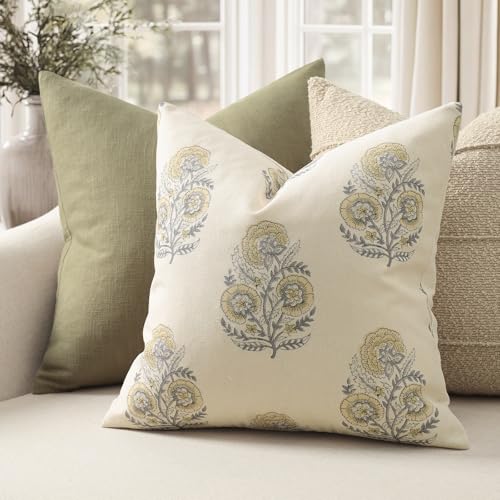 Image of Summer Vintage Floral Print Pillow Covers 18x18 Set of 2 Patterned Accent Decorative Cushion Covers Modern Farmhouse Throw Pillow Covers for Sofa Couch Chair Bed Living Room Home Decor, Mellow Yellow