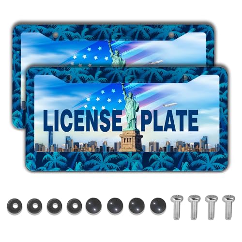 License Plate Frame Blue License Plate Frames Tropical Blue Palm Trees Aluminum Metal Car Accessory 2 Pack with Screw Covers Set