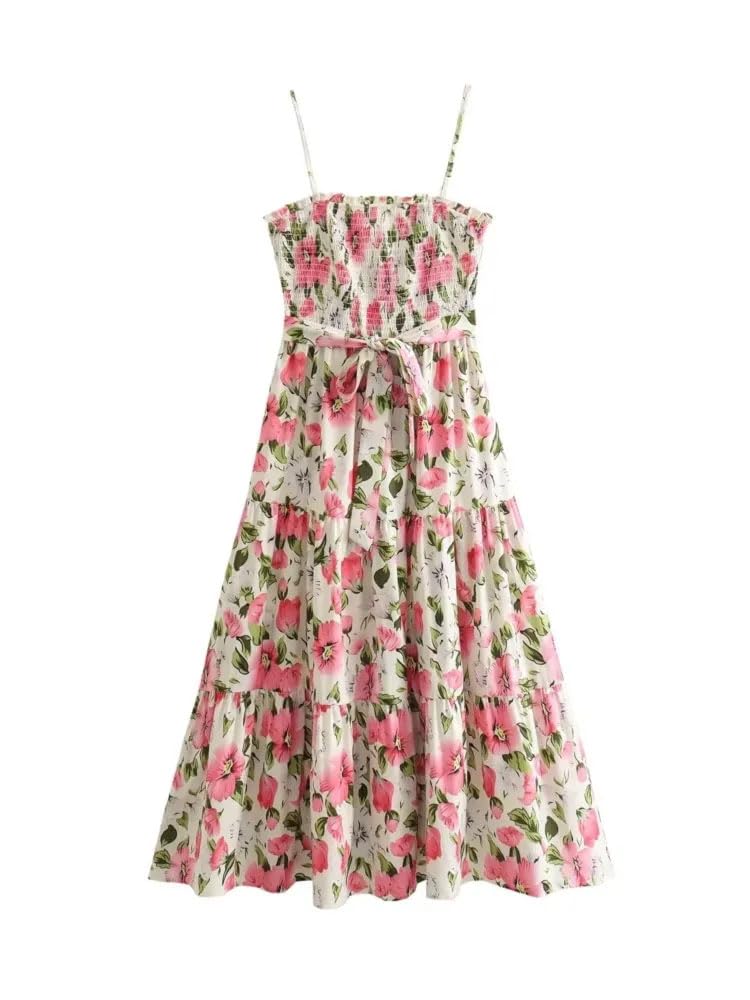 Vestido camisola con estampado floral con cinturón, sin mangas, espalda descubierta, elástico, ajustado, vestido largo midi Y2k