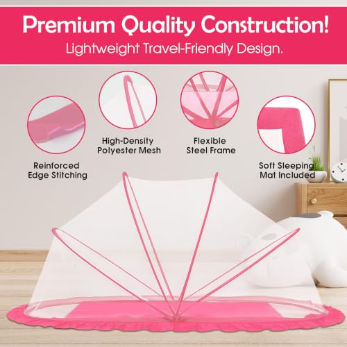 Image of RAMVIK Baby Mosquito Net, Mosquito Net for Baby 0-12 Months, Foldable Portable Mosquito Net for Baby with Breathable Mesh, 360 Protection, Bottomless Design,135 x 65 x 65 cm (Baby Pink)