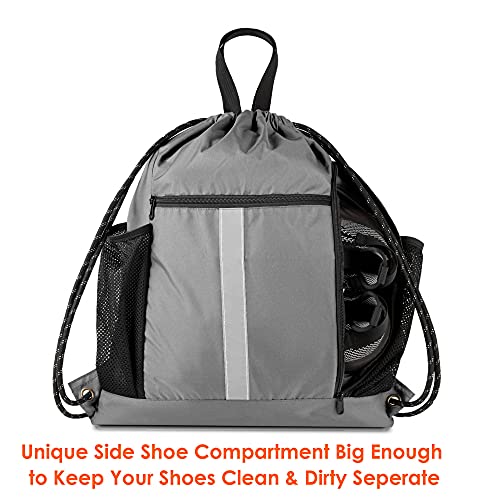 Image of BeeGreen Grey Drawstring Bag Pack Gym Sackpack w Shoe Compartment Two Water Bottle Holder Portable String Sinch Sack for Gymnastic Athletic Beach Travel