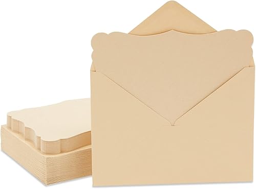 Paper Junkie Tarjetas y sobres festoneados en blanco, 5 x 7 pulgadas, papel kraft marrón, paquete de 50 tarjetas rústicas imprimibles e invitaciones