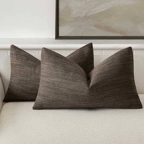 Image of Foindtower Set of 2 Decorative Textured Burlap Linen Throw Pillow Covers Farmhouse Boho Lumbar Cushion Cover Solid Accent Pillowcase for Couch Sofa Bed Living Room Home Decor,12x20 Inch,Chocolate