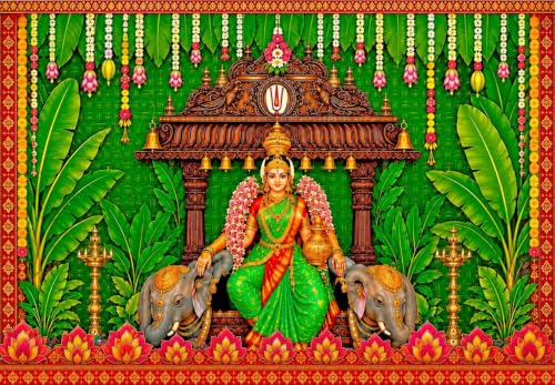 Image of varalakshmi Pooja Backdrop | Lakshmi Devi Backdrop Decoration with Coconut Leaves Design Background and Banana Leaves Decoration 6x8 Feet | varalakshmi Backdrop