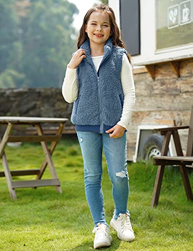 Lookbookstore Girls Sherpa Coat Vest Winter Shearling Fleece Outwear Fuzzy Jacket Lounge Coat Faux Fur Zip Up Warm Shaggy Coats For Kid Outerwear With Pockets Blue 12-13 Years #TOP1
