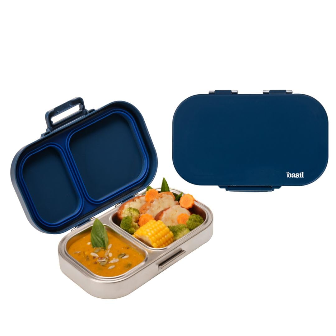 Basil Bento Ace 2C Stainless Steel Lunch Box for Kids | 2 Compartment Leakproof Tiffin Box for Kids, Teens & Adults | BPA-Free, Easy-to-Open School Lunch Box | Classic Blue