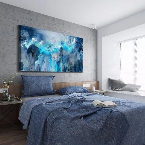 Image of Mofutinpo Blue Abstract Canvas Wall Art | Modern Contemporary Painting for Living Room, Bedroom, and Office | Large Abstract Artwork | Ready-to-Hang Home Decorations | 29x58 Inches