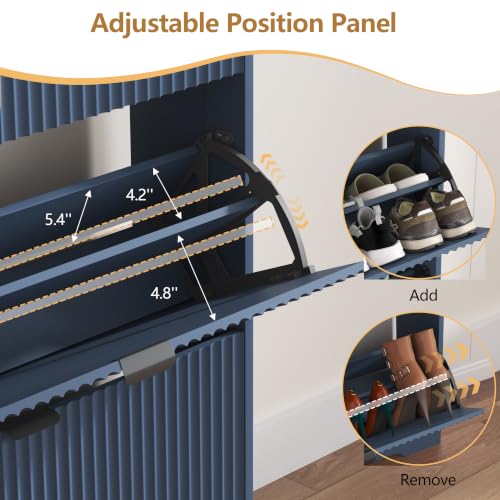 Image of HUANLEGO Shoe Cabinet Storage for Entryway with 4 Flip Drawer, Blue | Fluted Shoe Cabinet with Adjustable Shelves, Hidden Shoe Rack for Entryway, Freestanding Narrow Shoe Organizer for Hallway