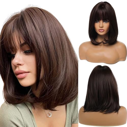 OSEN Short Dark Brown Wig with Bangs Slightly Curly Hair Ends Natural Synthetic Hair Straight Wigs for Women Daily Party Cosplay Wear 14 Inches 2 Wig Caps 1 Carry Pouch-image-34