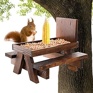 Eekhoorn feeder tafel, houten eekhoorn picknicktafel feeder, duurzame eekhoorn feeder maïskolf, met maïskolf houder omheind tafelblad