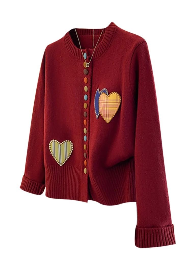 Womens Embroidered Heart Cardigan Sweater Cute Crewneck Long Sleeve Button Down Knitted Coat