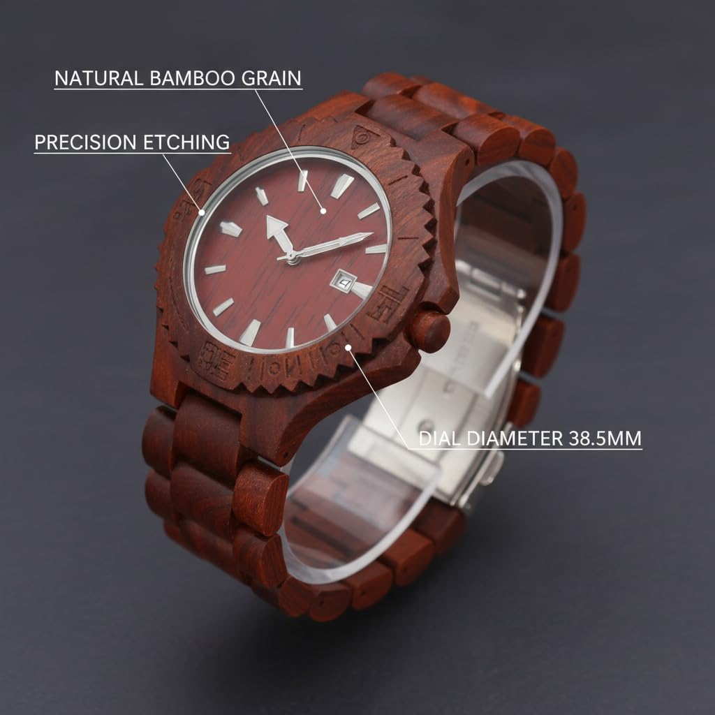 Orologio personalizzato in legno di bambù marrone da uomo, quadrante con foto artistiche in bianco e nero fai da te, cassa posteriore incisa, orologio da polso in legno da 38,5 mm con bracciale a