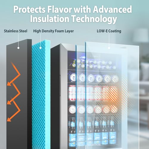 Image of ORYMUSE 20 Inch Beverage Refrigerator, 145 Can Drink Fridge with Glass Door, Under Counter or Freestanding Beer Cooler, Compact Mini Fridge for Home Bar, Office & Kitchen, Stainless Steel