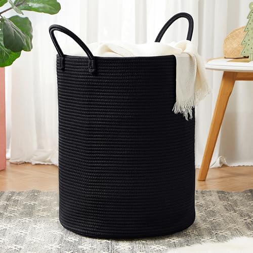 Image of MOJOSCEND 60L Black Woven Cotton Rope Laundry Hamper Basket for Clothes Tall Modern Blanket Storage Basket in Living Room Bedroom 15Dx20H inches