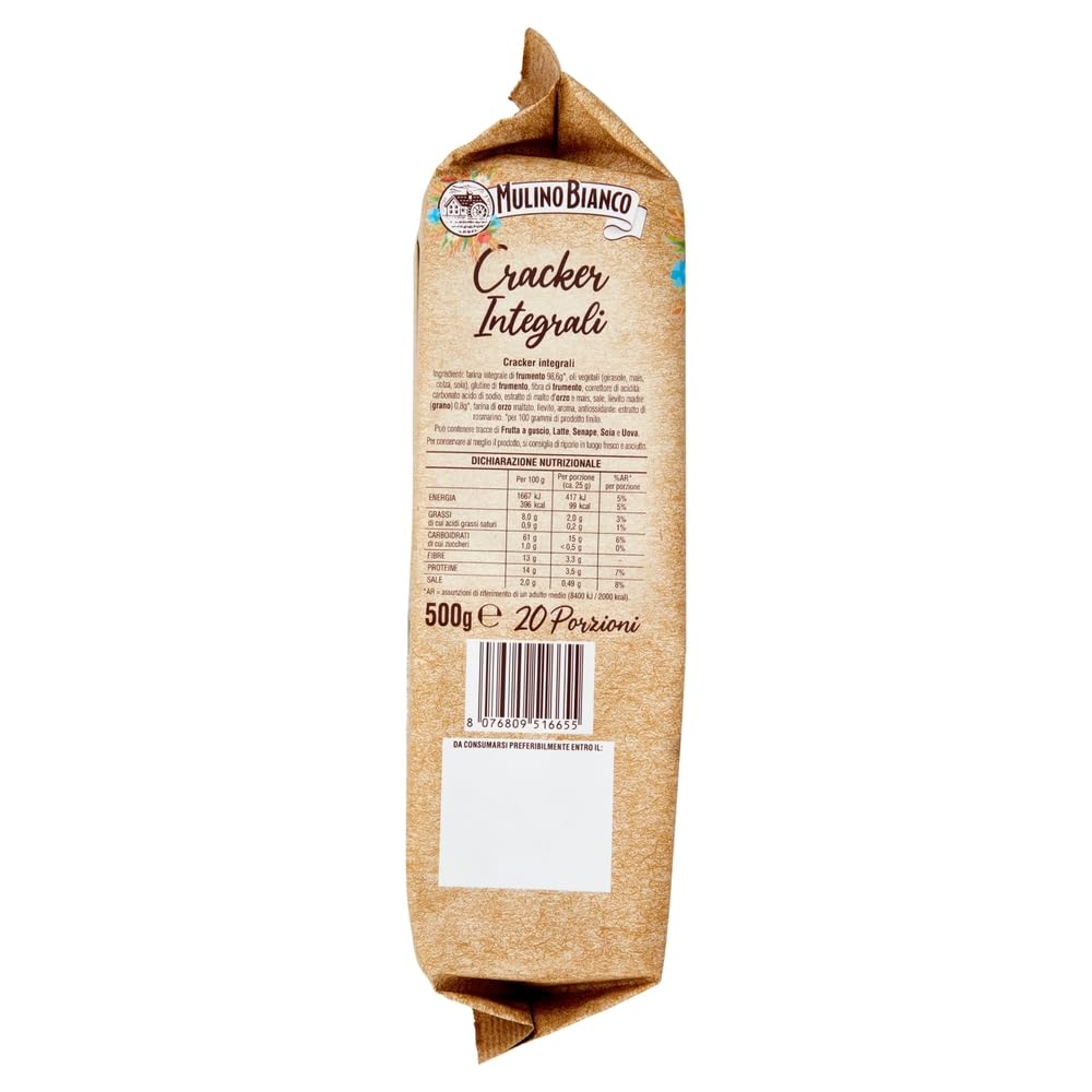 Mulino Bianco Cracker Integrali con Farina Sostenibile Ricchi di Fibre, Crackers à pleine farine, Riche en fibres, 3x 500g + Italian Gourmet polpa 400g