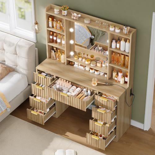 Image of FIONESO Fluted Vanity Desk with Mirror and Lights, Power Outlet, Makeup Vanity with 9 Drawers & 6 Open Storage Shelves, 3 Lighting Modes Brightness Adjustable, Natural Oak