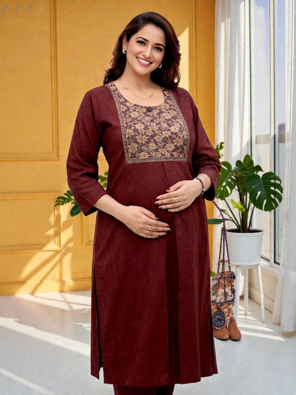 Image of RITIJYA Pure Cotton Feeding Kurta Pant Set for Women | Floral Anarkali Pregnancy Dress with Concealed Nursing Zipper Side Pocket | Pre & Post Partum | Maternity Dresses | Baby Shower Outfit