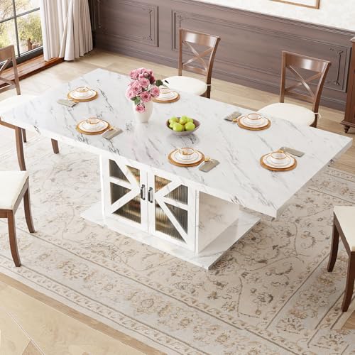 LVB Modern Dining Table for 4 to 6, White Rectangle Kitchen Table with Storage, Wooden Pedestal Dining Room Table with Fridge Space, Large Dinner Tables for Home,Living Room,White Faux Marble, 63 Inch