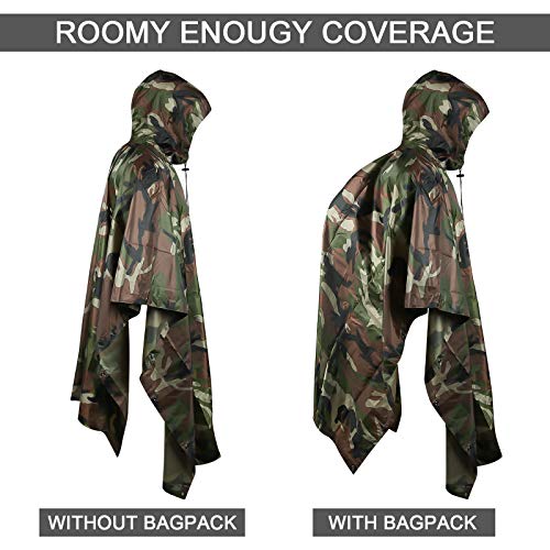 Fousam Camo Poncho, Waterproof Ripstop Hooded Raincoat Lightweight Packable Rain Cover for Hunting Camping Backpacking Emergency Tent Shelter Us Woodland
