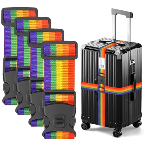 Image of BILIONE Luggage Straps Adjustable Suitcase Belt, Lockable Against Accidental Opening, Easy to Identify Travel Accessories, Add a Bag Connector Holds Suitcase (Rainbow, 4 Pack)