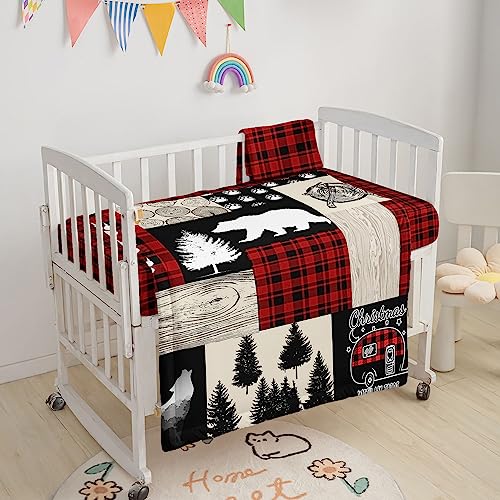 Image of 3pcs Nursery Crib Set with Comforter, Sheet & Skirt, Bear Forest Camping Car Printed Bedding for Baby Boys and Girls (Bear Red)
