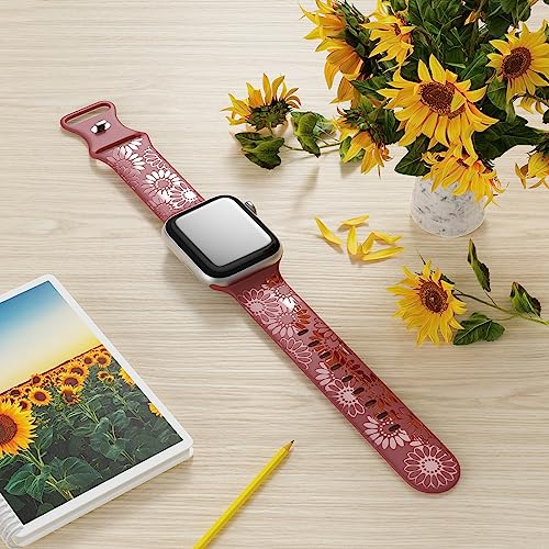 Image of Sunflower Engraved Band Compatible with Apple Watch Bands 38mm 40mm 41mm 42mm 44mm 45mm 49mm Women, Designer Soft Glossy Floral Silicone Strap for iWatch Series Ultra 11 10 9 8 7 6 SE 5 4 3 2 1