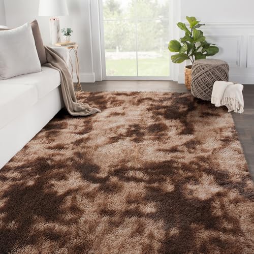 SOANNY Living Room Area Rug, Soft Fluffy Tie-Dyed Shag Carpet for Bedroom, Dorm, Kids Room, Lounge, Washable Non-Slip Throw for Home Decor, Coffee Brown, 120x180 cm