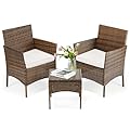 DUMOS Patio Furniture Set 3 Pieces, Outdoor Wicker Furniture with Coffee Table, Modern Rattan Patio Chairs Conversation Sets with Sofa for Garden, Terrace, Porch, Balconies, Lawns(Brown and Beige)